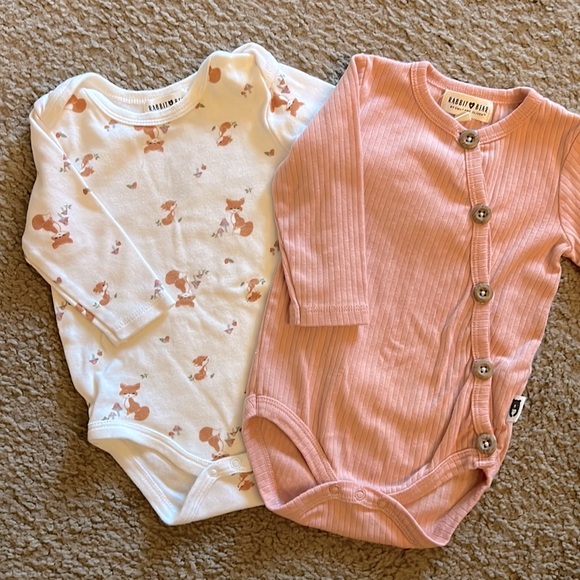Rabbit Bear Ribbed Knit Pink Button Down Onesie + Fox Graphic Print Long Sleeve - Picture 2 of 8
